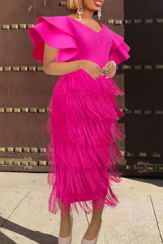 Rose Red Elegant Solid Tassel Patchwork Flounce V Neck One Step Skirt Dresses