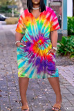 Colour Fashion Casual Rainbow Print Tie-dye V Neck Short Sleeve T-shirt Loose Dress