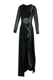 Black Fashion Sexy Patchwork Hot Drilling See-through Asymmetrische O-hals Skinny Jumpsuits