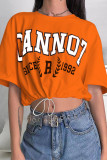 Tangerine Red Casual Print Patchwork Draw String O Neck T-Shirts