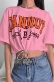Tangerine Red Casual Print Patchwork Draw String O Neck T-Shirts