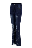 Dark Blue Sexy Solid Pearl Mid Waist Boot Cut Ripped Skinny Denim Jeans