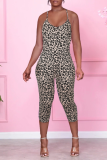 Skinny-Jumpsuits mit Leopardenmuster und sexy Print-Patchwork-Spaghettiträgern