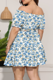 Голубая юбка-тортик с открытыми плечами и принтом «Отпуск» в стиле пэчворк, большие размеры, два предмета