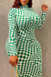Green Fashion Casual Plaid Print Basic Turtleneck Long Sleeve Dresses