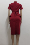 Red Casual Solid Patchwork Asymmetrical With Bow O Neck One Step Skirt Dresses