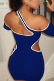 Blaue sexy feste ausgehöhlte Patchwork-Kleider mit asymmetrischem asymmetrischem Kragen