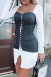 ブラック セクシー ソリッド 包帯パッチワーク ワン ステップ スカート ドレス