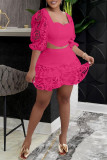 Розовый модный сексуальный однотонный пэчворк с открытой спиной и квадратным воротником с половиной рукавом из двух предметов