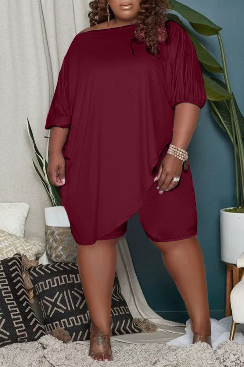 

Burgundy Casual Solid Split Joint Asymmetrical Oblique Collar Plus Size Two Pieces