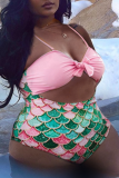 Multicolor Fashion Sexy Patchwork Print Hollowed Out Backless Spaghetti Strap Plus Size Swimwear