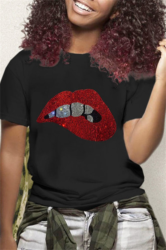 Black Fashion Casual Hot Drilling Patchwork O Neck T-Shirts