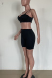Black Sexy Solid Patchwork Spaghetti Strap Sleeveless Two Pieces