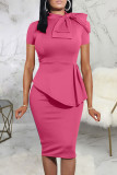 Pink Casual Solid Patchwork Asymmetrical With Bow O Neck One Step Skirt Dresses