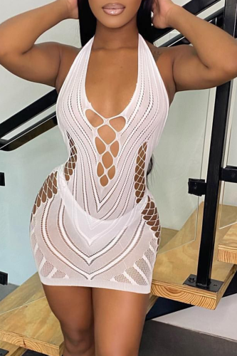 White Sexy Solid Patchwork V Neck Pencil Skirt Dresses