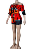 Red Orange Casual Print Patchwork Off the Shoulder Straight Rompers
