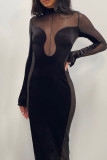 Black Vacation Solid Patchwork See-through O Neck One Step Skirt Dresses