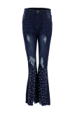 Mörkblå Sexig Solid Ripped Pearl Mid Waist Boot Cut Denim Jeans