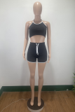 Green Sportswear Solid Patchwork Halter Sleeveless Two Pieces Halter Crop Top And Shorts Set