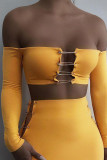 Yellow Sexy Solid Patchwork Off the Shoulder Long Sleeve Two Pieces