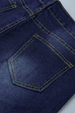 Dark Blue Sexy Solid Pearl Mid Waist Boot Cut Ripped Skinny Denim Jeans