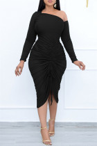 Zwarte mode sexy effen patchwork trekkoord schuine kraag lange mouwen jurken