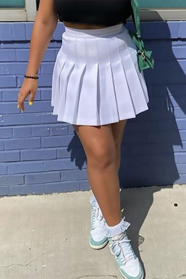 Saia plissada plissada branca fashion sexy sólida regular cintura alta