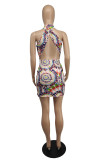 Multicolor Fashion Sexy Print Rückenfreies asymmetrisches Halfter Ärmelloses Kleid