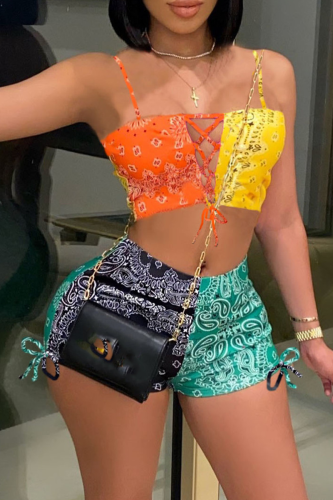 Orange Fashion Print Patchwork Spaghetti Strap Sleeveless Two Pieces