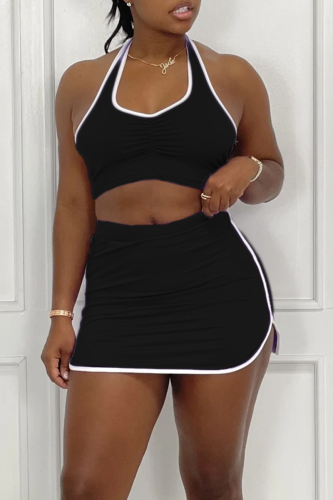 Black Sexy Solid Patchwork Halter Sleeveless Two Pieces