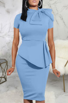 Light Blue Casual Solid Split Joint Asymmetrical With Bow O Neck One Step Skirt Dresses