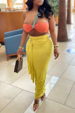 Yellow Pink Fashion Sexy Solid Patchwork Backless Strapless Sleeveless Two Pieces