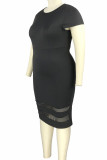 ブラックカジュアルエレガントソリッドパッチワークOネックワンステップスカートプラスサイズドレス