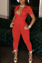 Red Casual Solid Split Joint Zipper Collar Regular Jumpsuits