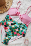 Multicolor Fashion Sexy Patchwork Print Hollowed Out Backless Spaghetti Strap Plus Size Swimwear