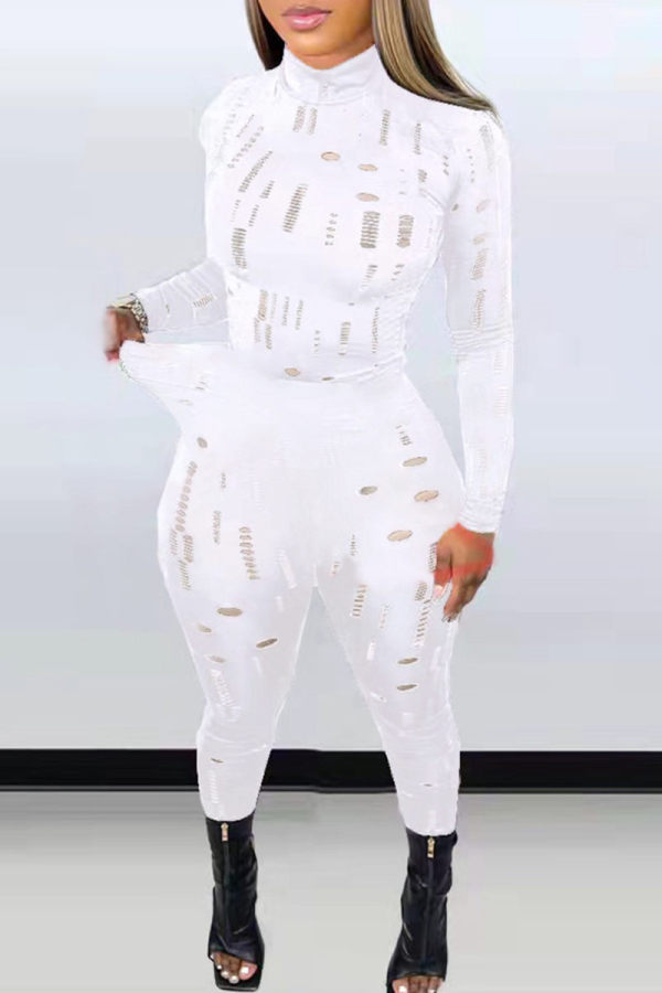 Weiß Fashion Sexy Solid Ripped See-Through Rollkragen Langarm Zweiteiler