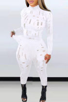 Blanc Mode Sexy Solide Déchiré Col Roulé Transparent Manches Longues Deux Pièces
