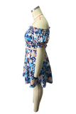 Falda de pastel con hombros descubiertos y estampado de vacaciones en azul y blanco, talla grande, dos piezas
