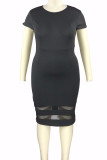 ブラックカジュアルエレガントソリッドパッチワークOネックワンステップスカートプラスサイズドレス