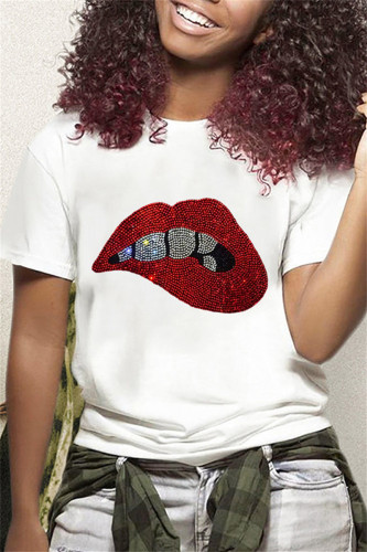 White Fashion Casual Hot Drilling Patchwork O Neck T-Shirts