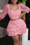 Розовый модный сексуальный однотонный пэчворк с открытой спиной и квадратным воротником с половиной рукавом из двух предметов