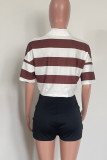 Coffee Casual Striped Print Patchwork Turndown Collar T-Shirts