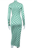 Green Fashion Casual Plaid Print Basic Turtleneck Long Sleeve Dresses