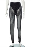 Black Fashion Sexy Patchwork Hollowed Out See-through Skinny High Waist Pencil Trousers