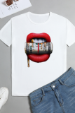 Vita Fashion Street Läppar Tryckta Patchwork O-hals T-shirts