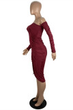 Burgundy Fashion Sexy Solid Patchwork Draw String Oblique Collar Long Sleeve Dresses