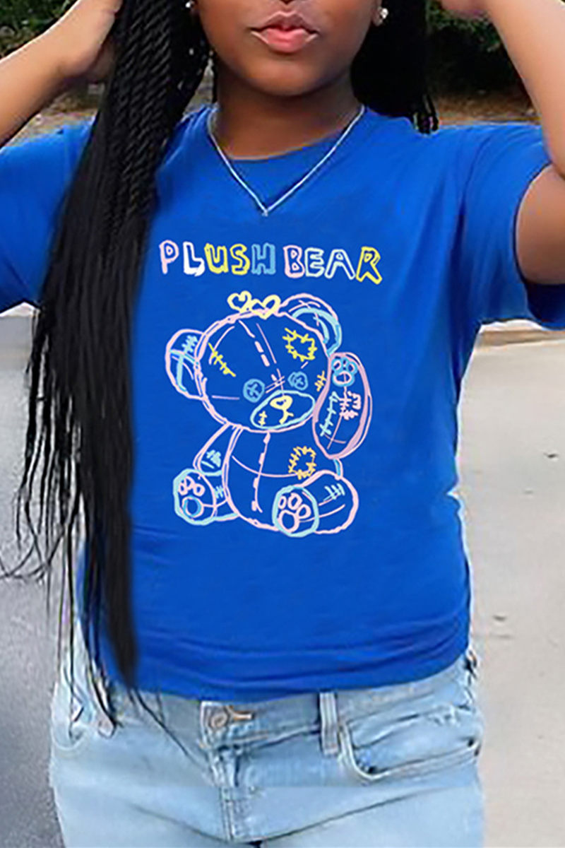 

Blue Fashion Casual Print Basic O Neck T-Shirts