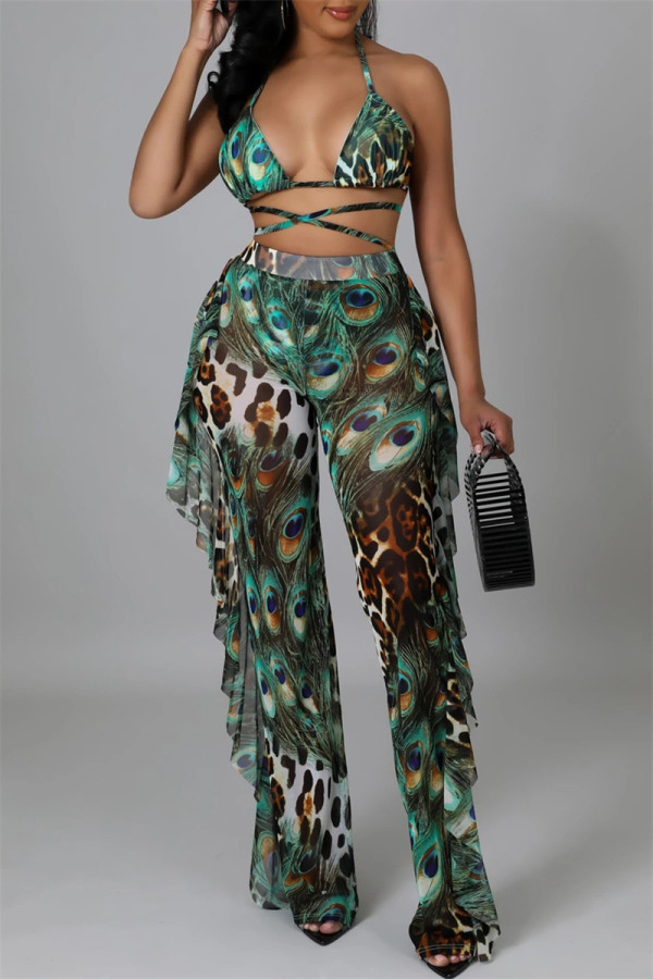 Green Fashion Sexy Print Bandage Backless Swimwears