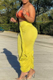 Оранжево-желтый модный сексуальный однотонный пэчворк с открытой спиной без бретелек без рукавов из двух частей