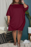 Burgundy Casual Solid Patchwork Asymmetrical Oblique Collar Plus Size Two Pieces